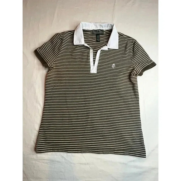 L-RL Lauren Active Polo Shirt Womens Large Brown White Striped Preppy Casual - Picture 1 of 7